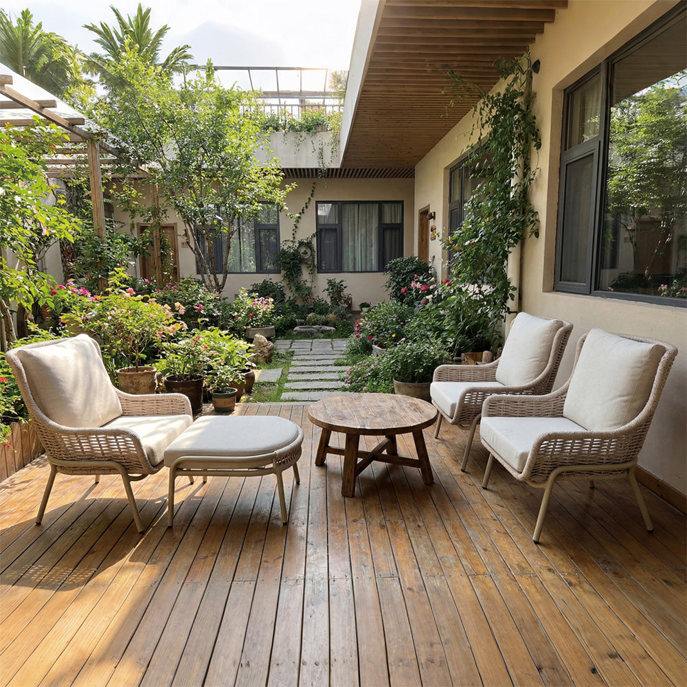 Modern Outdoor Lounge Chair with Woven Rope Frame and Weather Resistant Cushions
