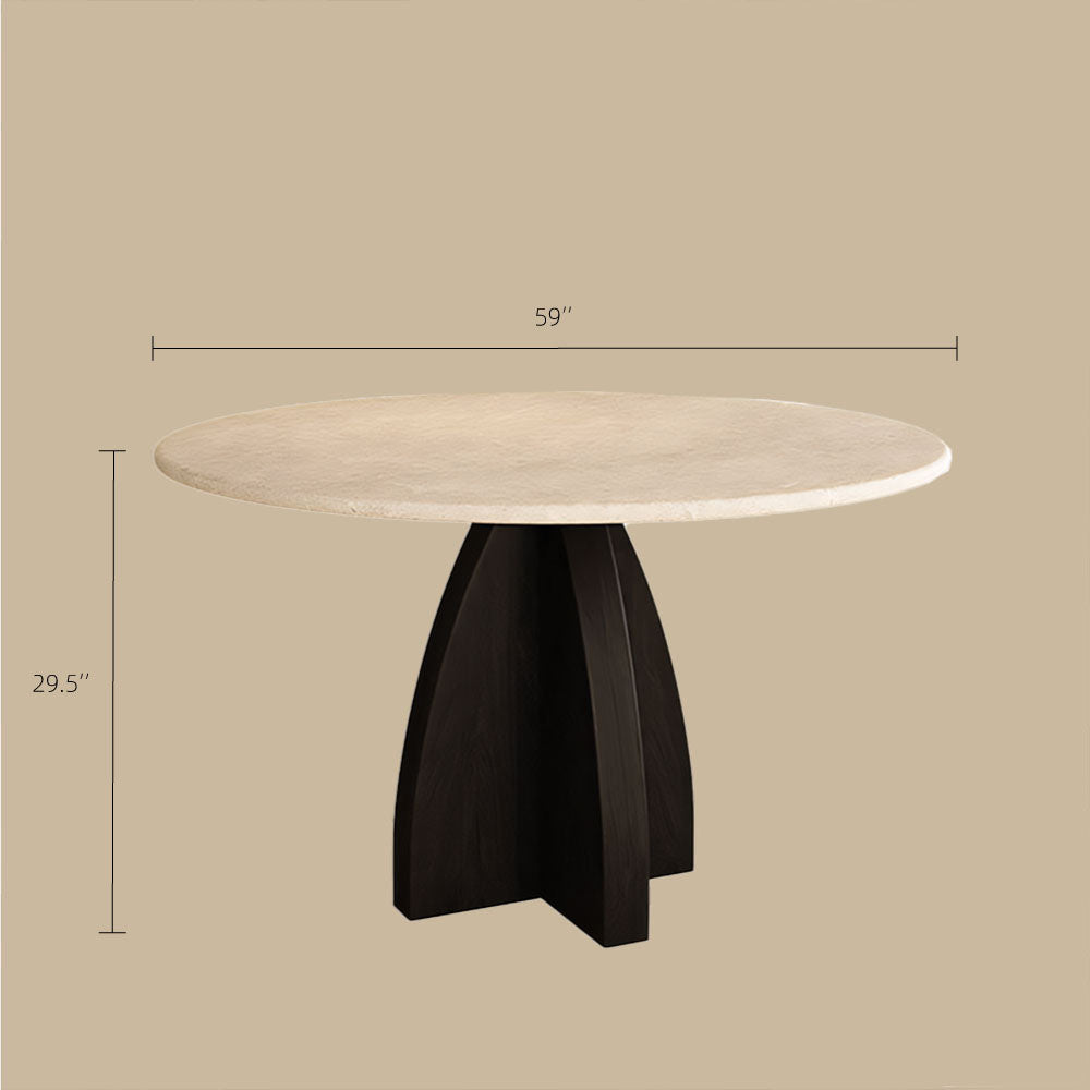 Modern Round Travertine Dining Table Solid Wood Pedestal Base Minimalist Dining Room Table