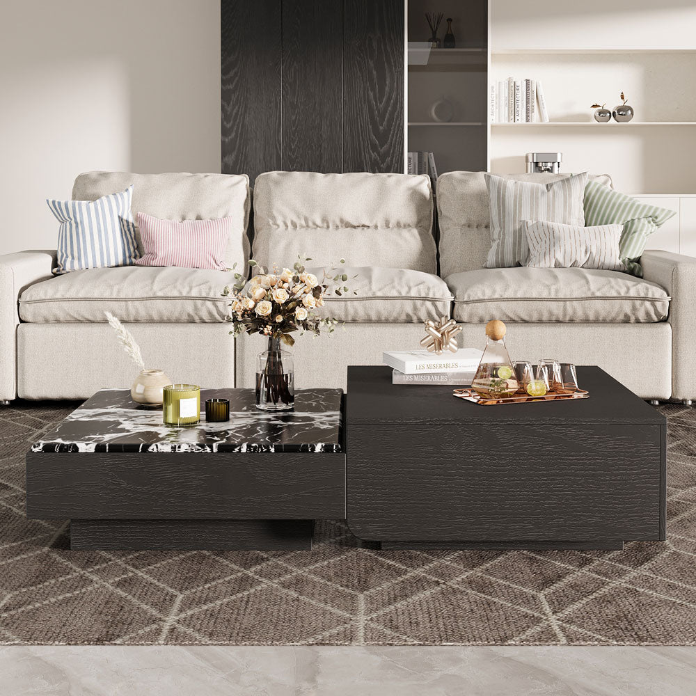 55'' Modern Square Marble and Wood Coffee Table Elegant Design
