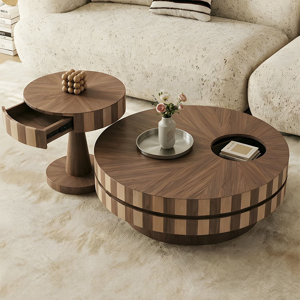 Modern Round Walnut Coffee Table Set Rotating Design Storage Drawer Stainless Steel Tray
