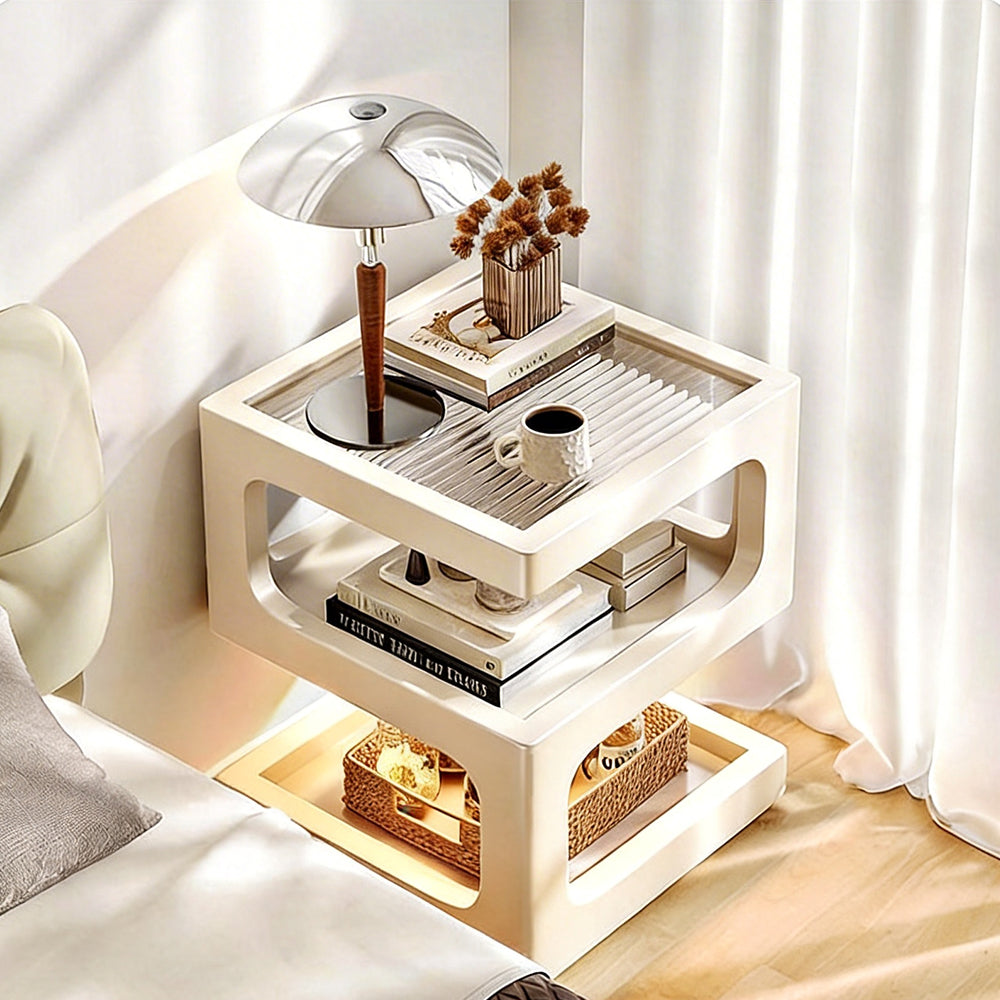 Modern Solid Wood Bedside Table with Fluted Glass Top Multi Layer Storage Nightstand
