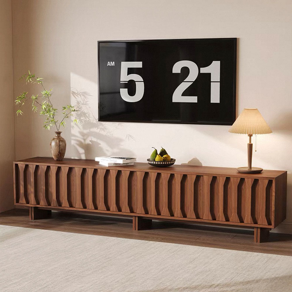 70.8'' Japanese-Style Wood TV Stand with Carved Sliding Doors Minimalist Low Media Console