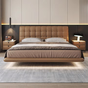 Modern Leather Platform Bed with LED Lighting Ultra-Fiber Leather Steel-Wood Slatted Frame