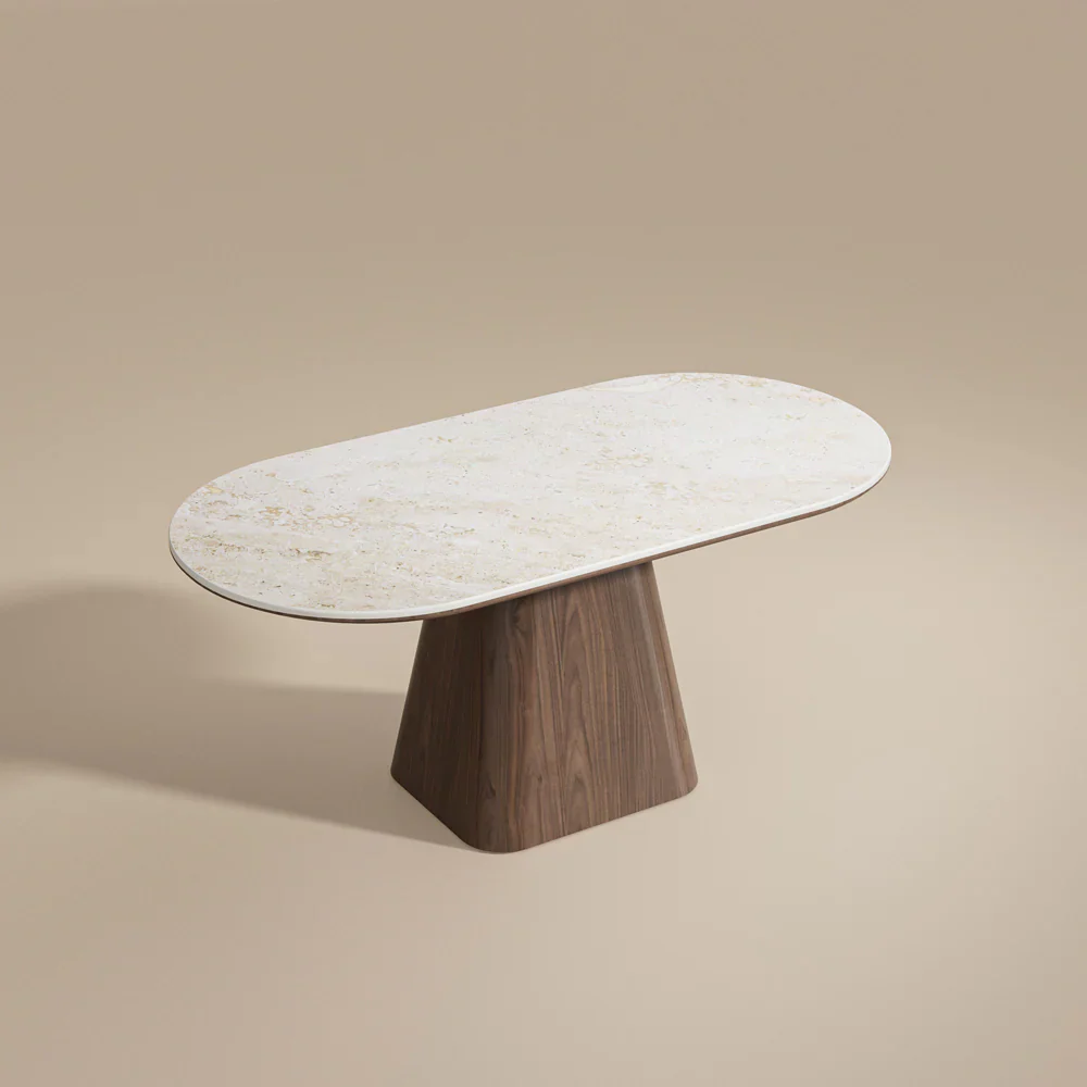 Walnut & Sintered-Stone Dining Set Oval Table + Matching Sideboard Cabinet