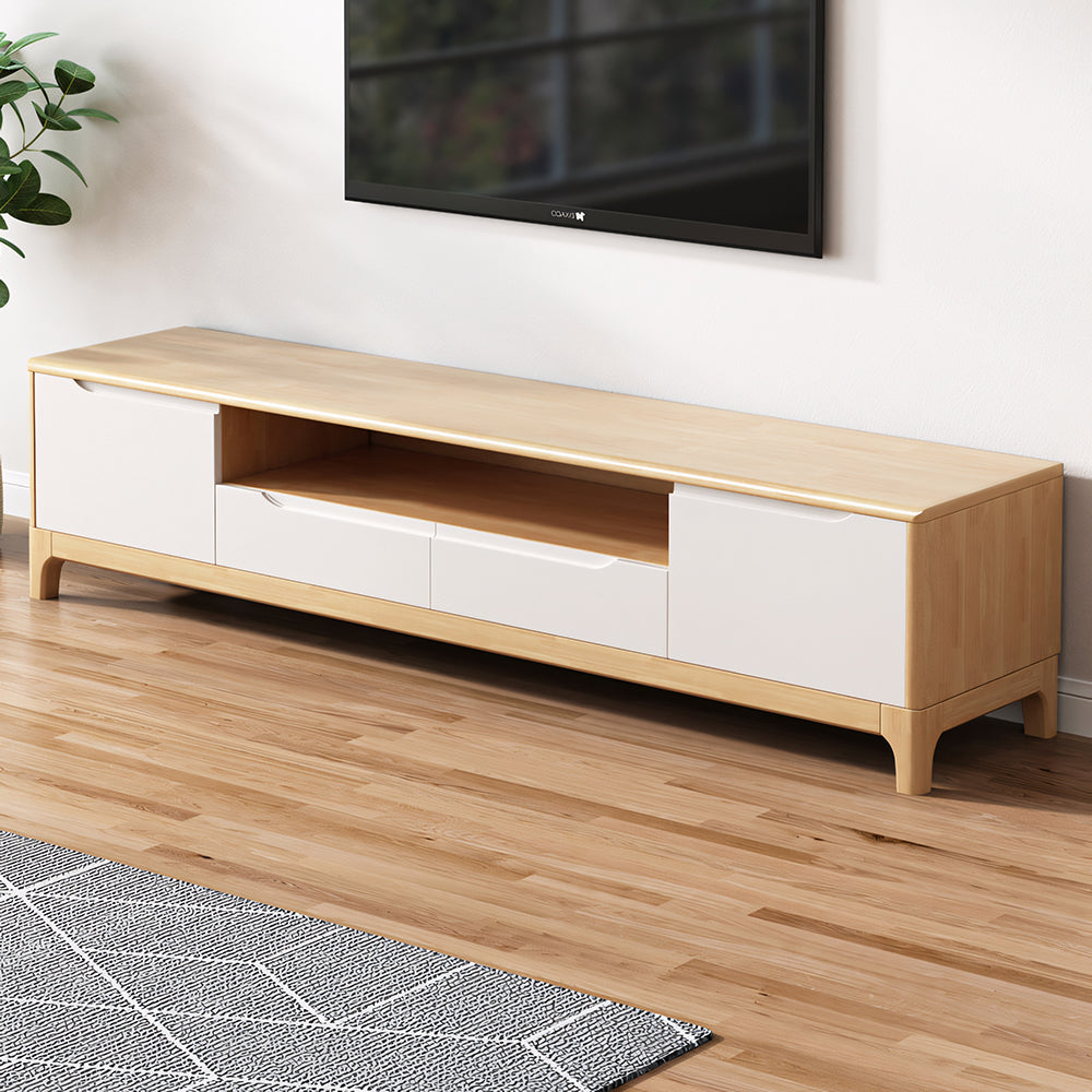 Modern Wooden TV Stand Low Profile Media Console with Drawers & Open Storage