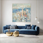 Load image into Gallery viewer, Handmade Abstract Canvas Wall Art – Urban Landscape Painting with Blue and Gold Tones
