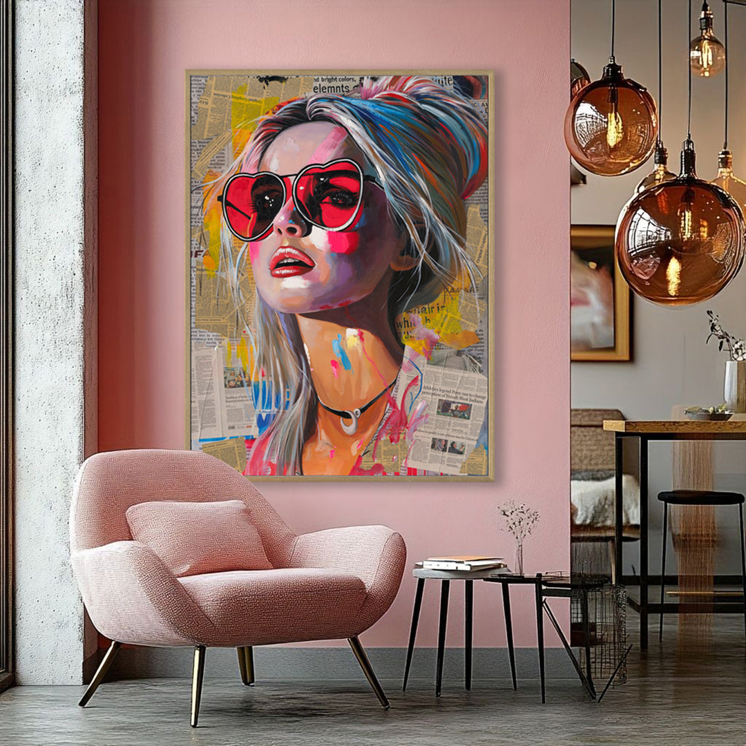 Handmade Pop Art Wall Painting – Colorful Woman Portrait with Newspaper Collage