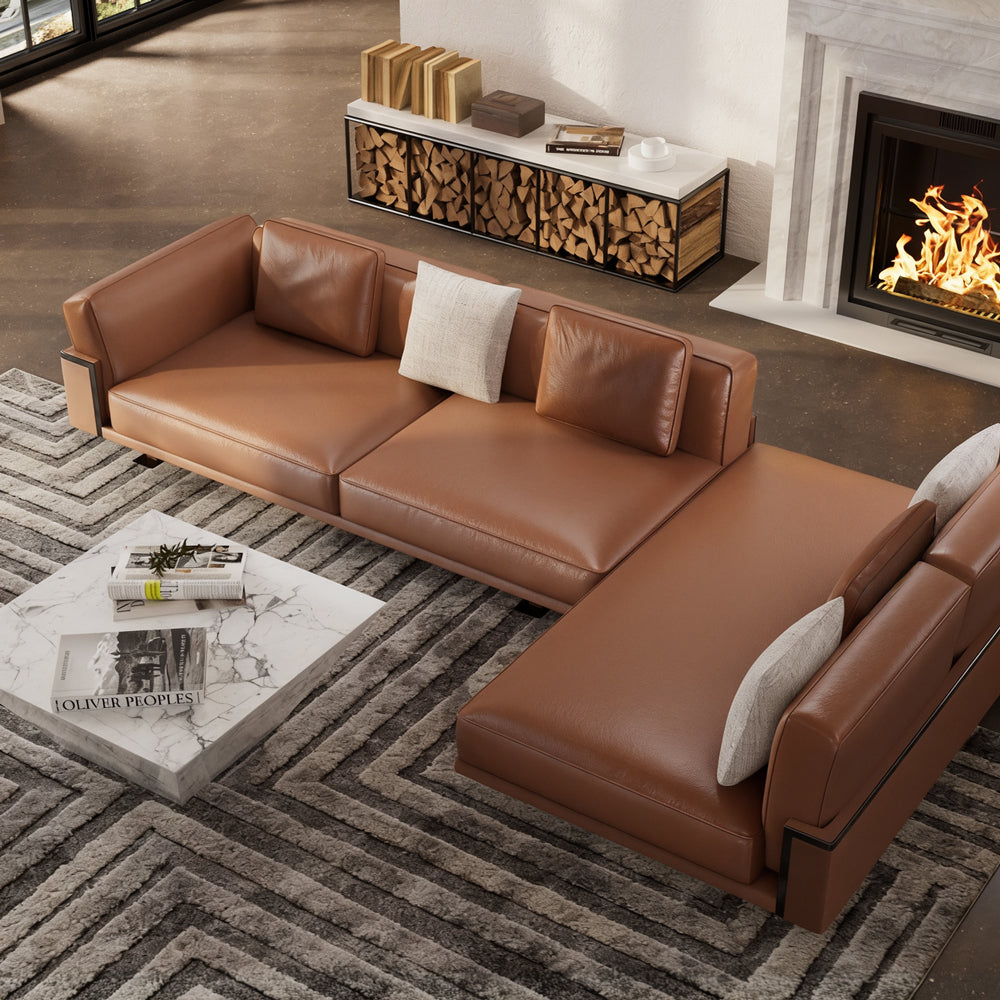 110" Modern 4-Seater Leather Sofa Luxury Comfort with High-Density Foam Solid Wood Frame & Brushed Stainless-Steel Accents