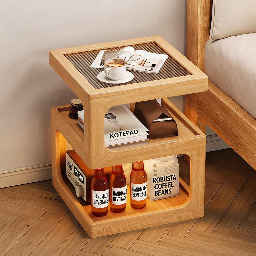Modern Solid Wood Bedside Table with Fluted Glass Top Multi Layer Storage Nightstand