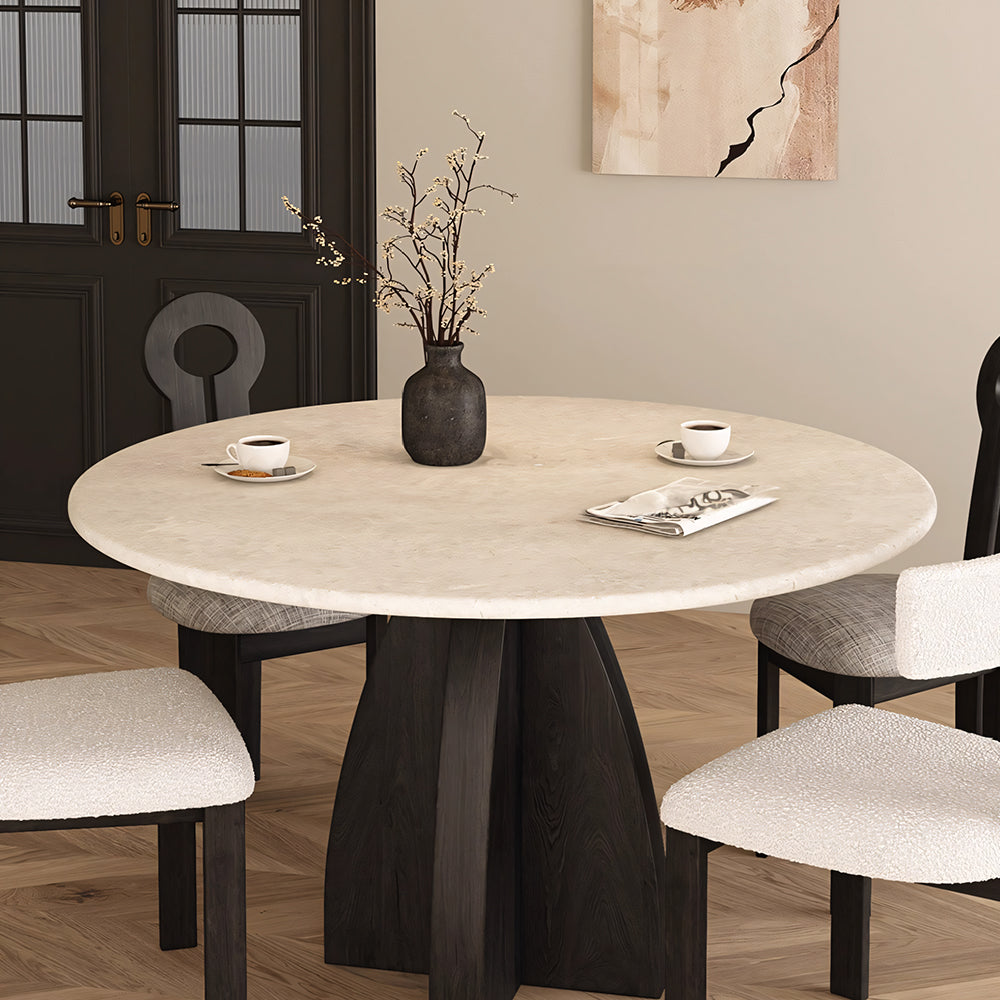 Modern Round Travertine Dining Table Solid Wood Pedestal Base Minimalist Dining Room Table