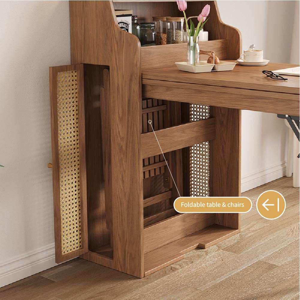 69'' Rattan Dining Cabinet Table Set Foldable Storage Multi-Chair Design Solid Wood Finish