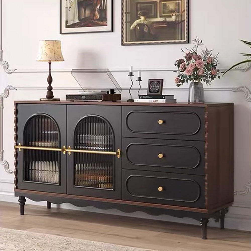 62.9" Vintage Black Sideboard with Fluted Glass Doors & Gold Accents Retro Buffet Cabinet with Drawers