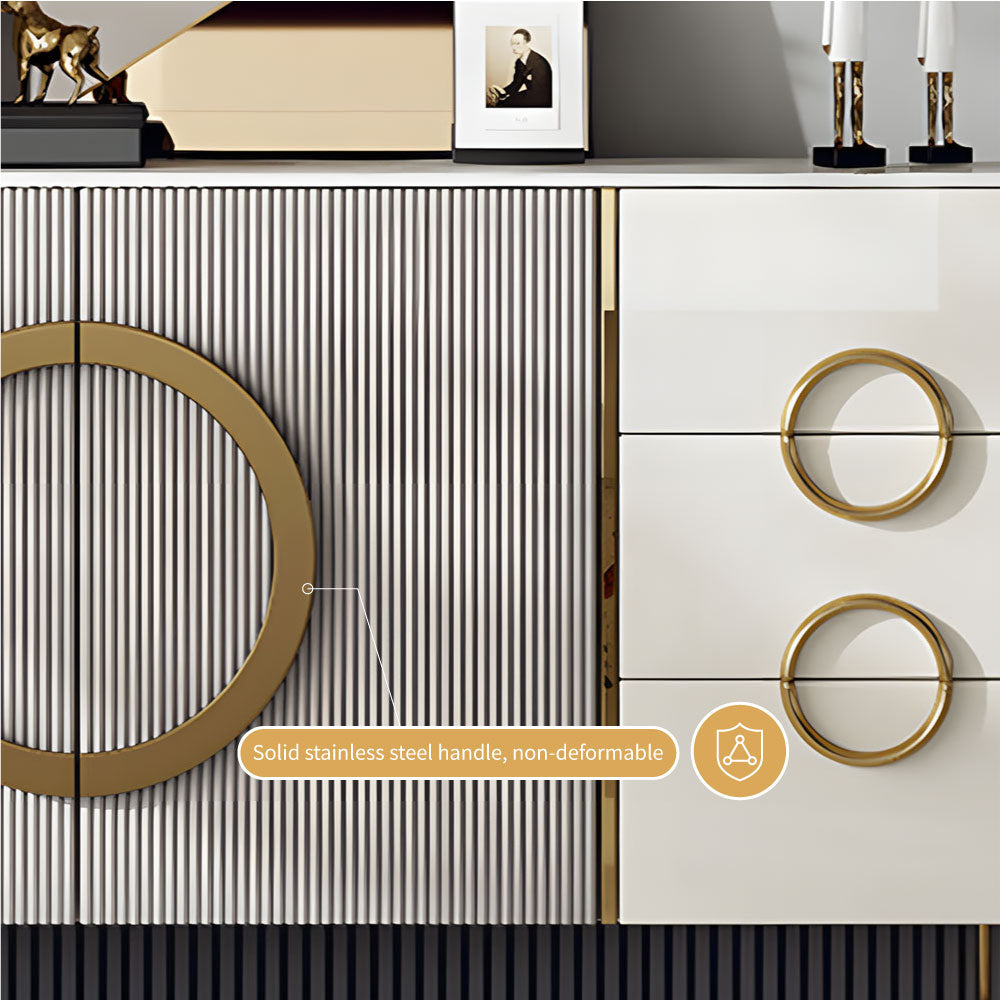 62.4" Sleek Modern White and Gold Buffet Cabinet with Circular Accents