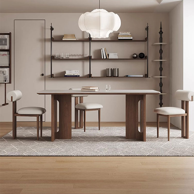 Modern Dining Table Set Solid Wood Legs Walnut Veneer Scratch Resistant Sintered Stone Top