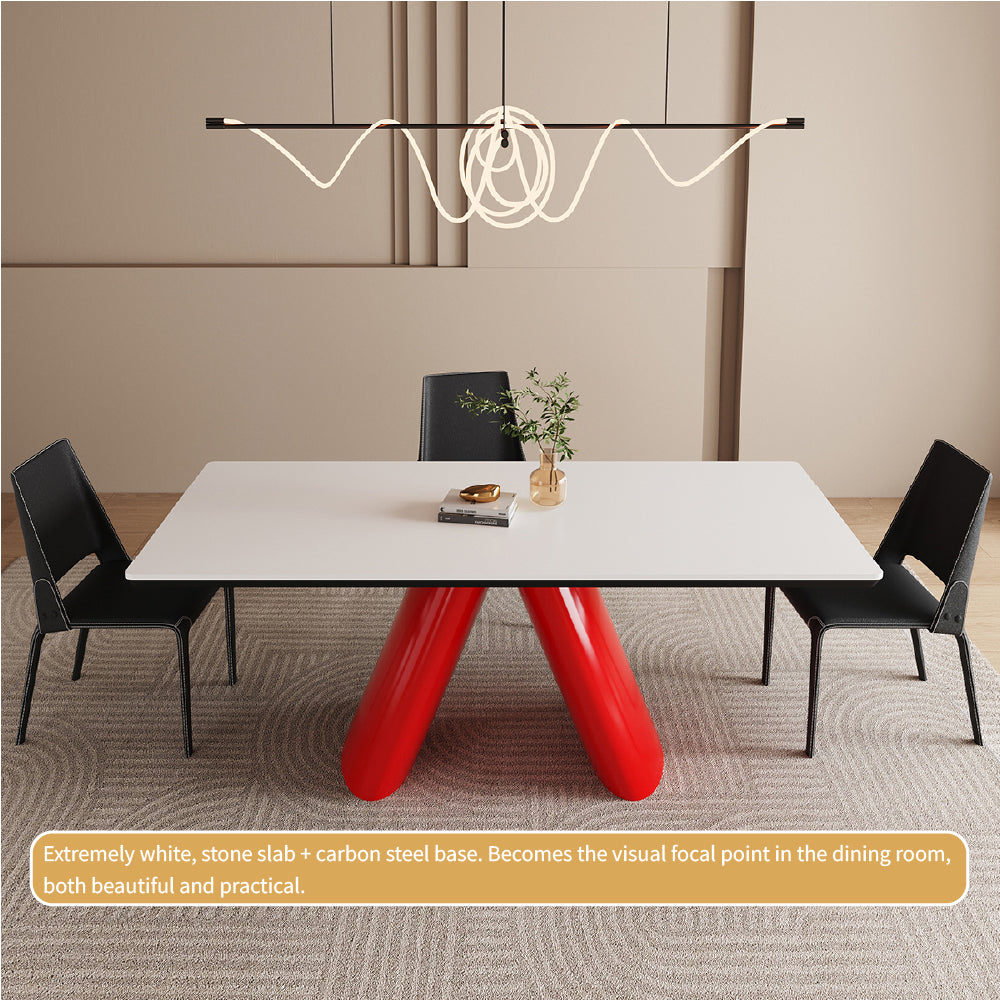 Modern Dining Table Red Sculptural Base Ceramic Stone Top