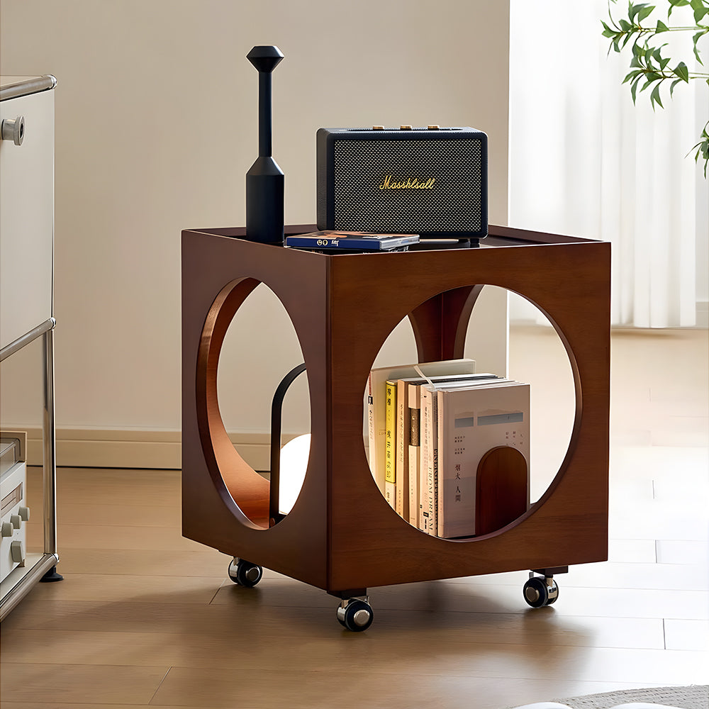 Modern Rattan Nightstand Rolling Side Table Solid Wood Mobile Bedside Cabinet with Storage