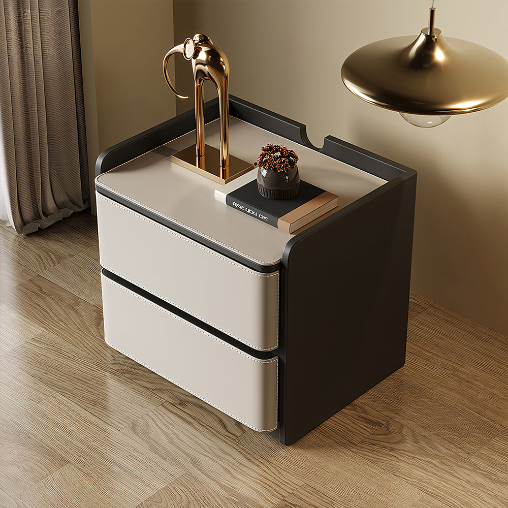 Modern Nightstand with Saddle Leather Finish Silent Drawer Rails 2 Drawers