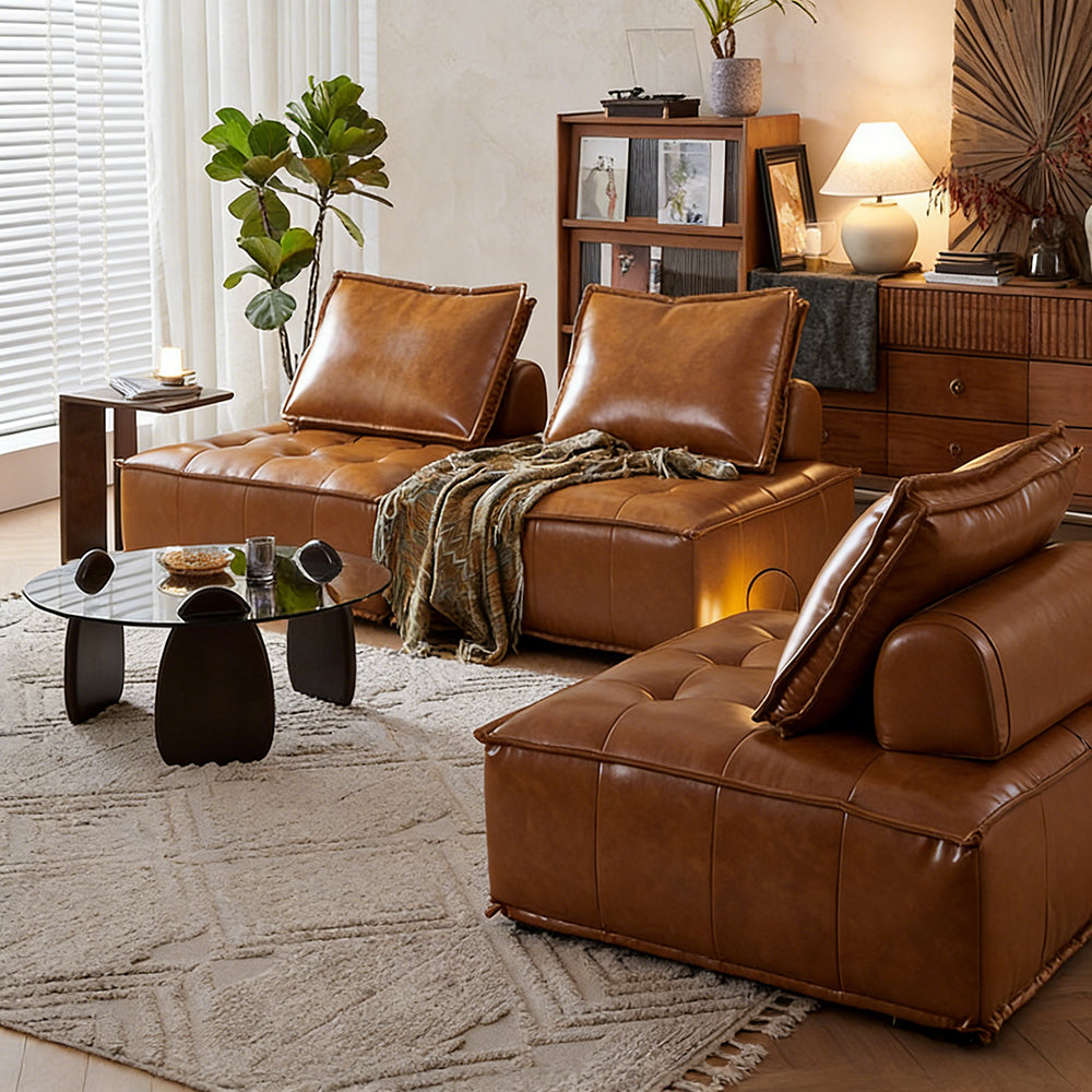 Modern Modular Vintage Leather Sofa Tufted Deep Seat Lounge Sofa Oil Wax Top Grain Leather