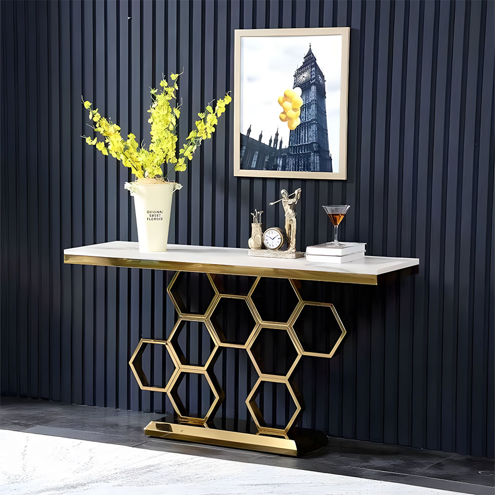 Elegant Honeycomb Base Console Table Contemporary Design with Luxurious Gold Accents