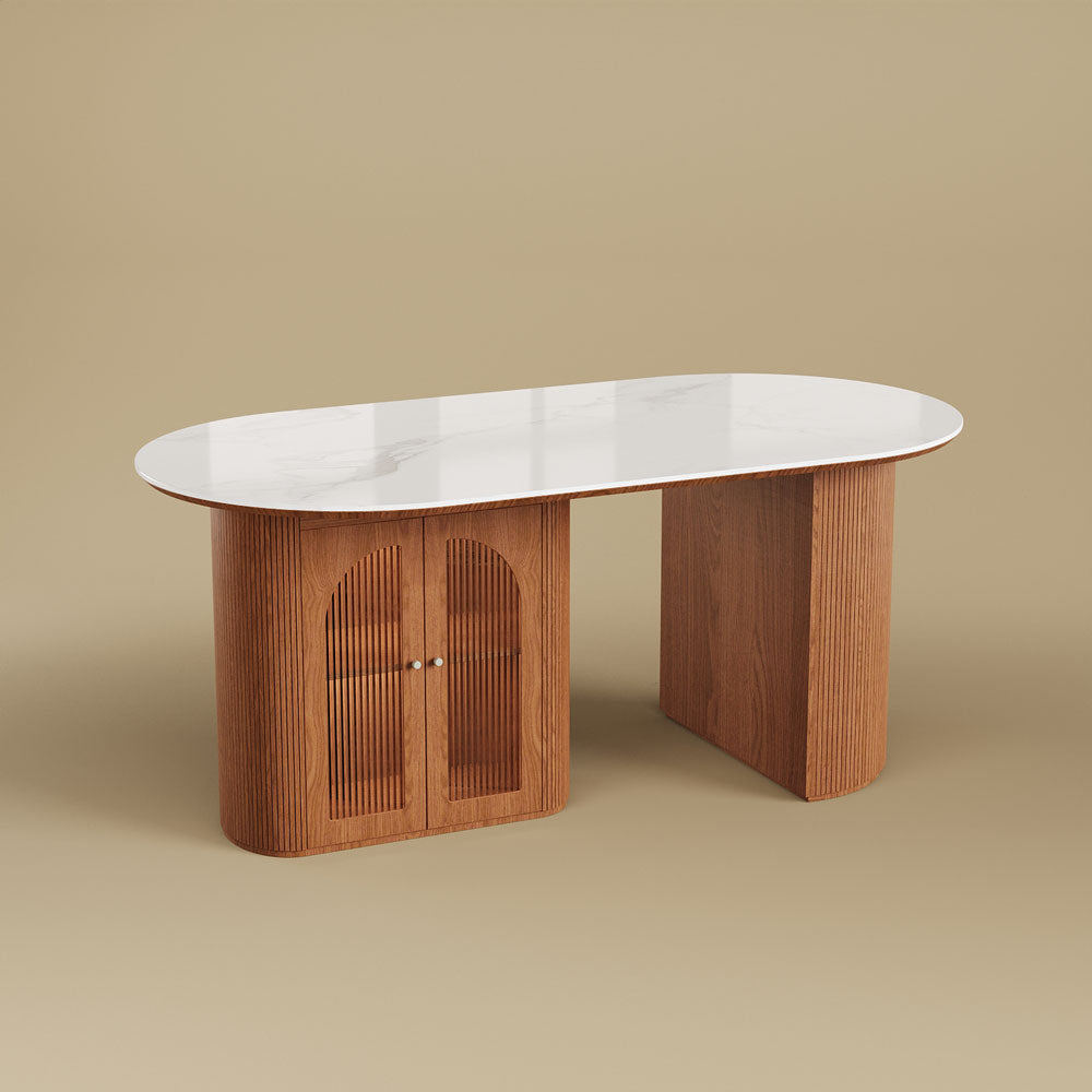 70"/78"Modern Dining Table with Stone Top & Storage Cabinet Scratch-Resistant Surface Double-Door Design and Solid Wood Legs