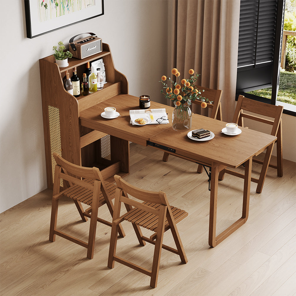 69'' Rattan Dining Cabinet Table Set Foldable Storage Multi-Chair Design Solid Wood Finish
