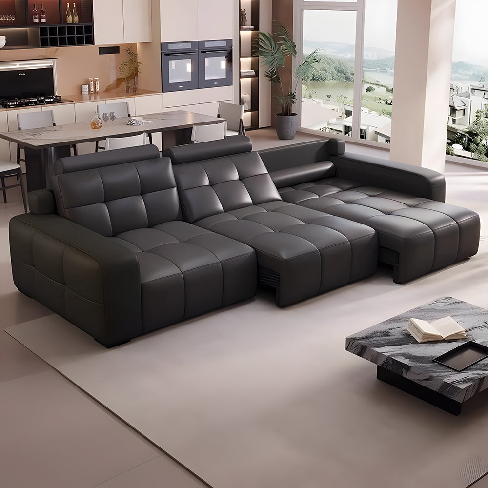 130.7'' Modern Power Reclining Sectional Sofa Black Genuine Leather Deep Seat Electric Lounge Sofa with Chaise