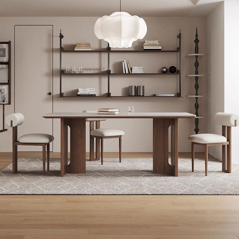 Modern Dining Table Set Solid Wood Legs Walnut Veneer Scratch Resistant Sintered Stone Top