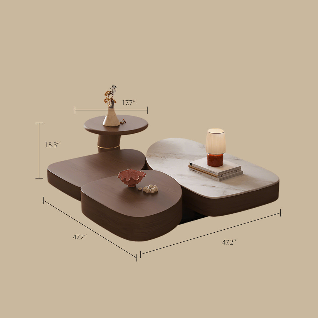 Modern Sculptural Coffee Table Walnut Wood Grain Marble Top Irregular Center Table