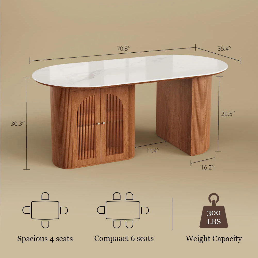 70"/78"Modern Dining Table with Stone Top & Storage Cabinet Scratch-Resistant Surface Double-Door Design and Solid Wood Legs