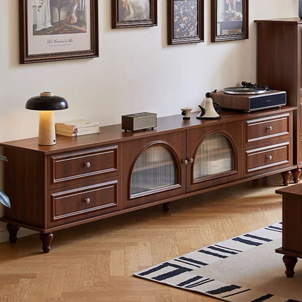 Vintage Walnut Living Room Furniture Set TV Console with Fluted Glass Doors & Coffee Table