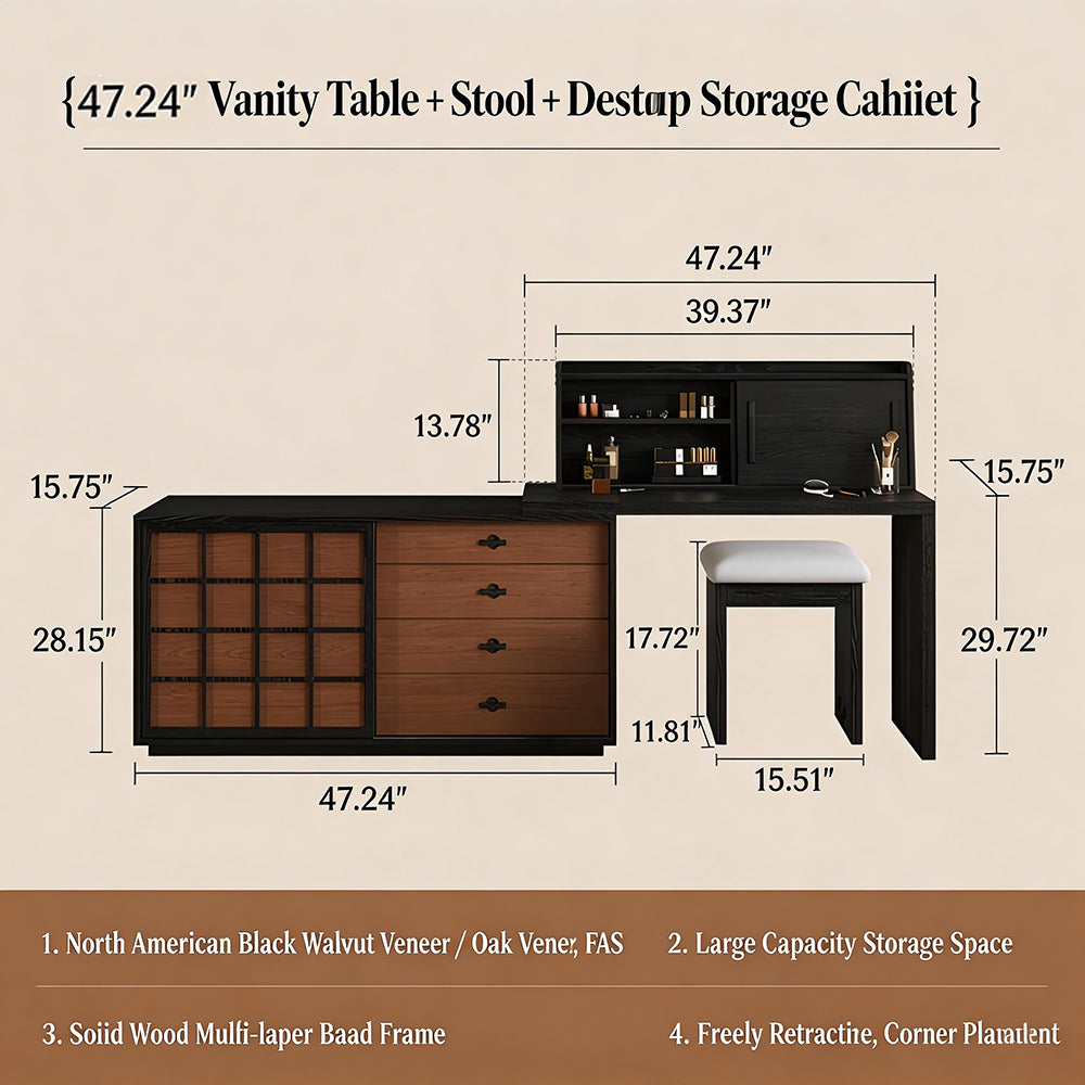 Modern Japandi Vanity Desk with Storage Cabinet Walnut Finish Makeup Table with Drawers Black Frame with Stool