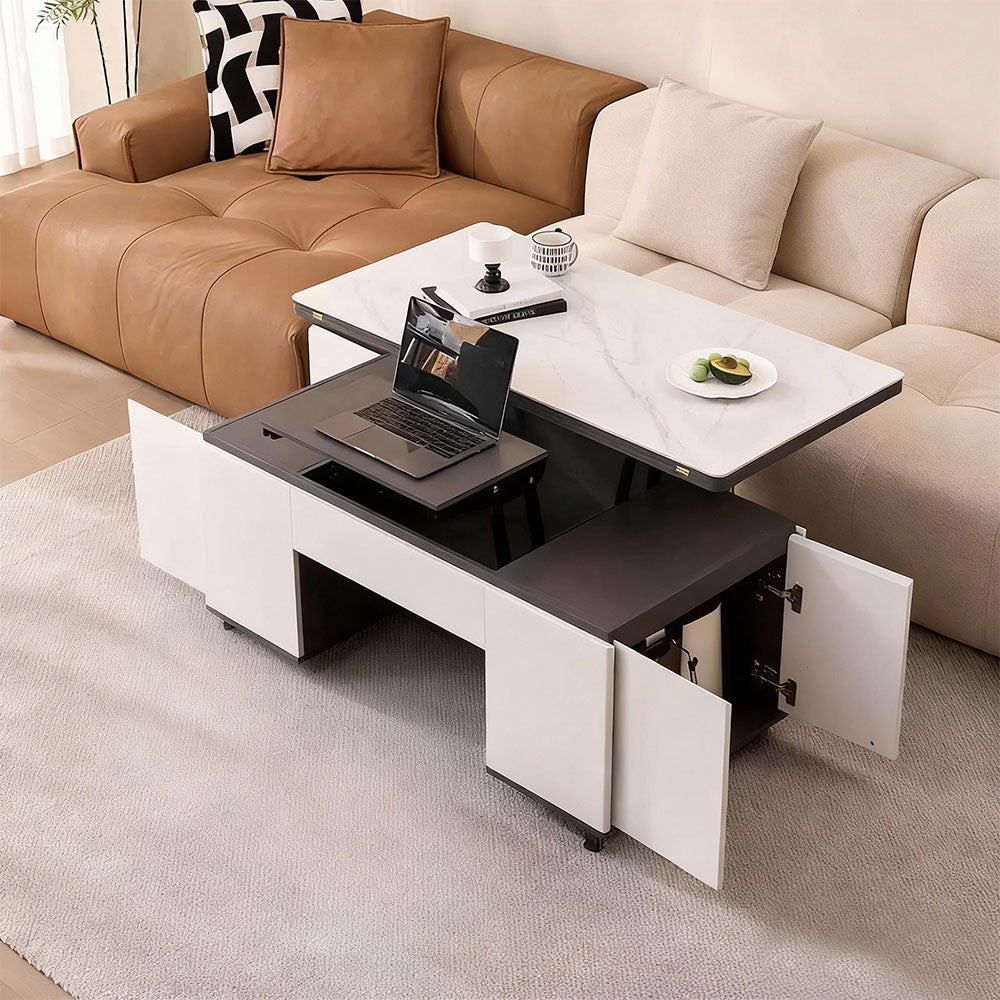 Sintered Stone Lift-Top Coffee Table with 2 Stools Modern 2-in-1 Dining and Work Table for Smart Living