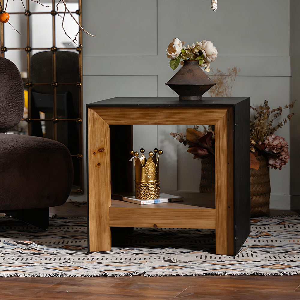 Modern Solid Wood Nightstand Textured Drawer Front Bedside Table with Open Shelf Minimalist Storage Side Table