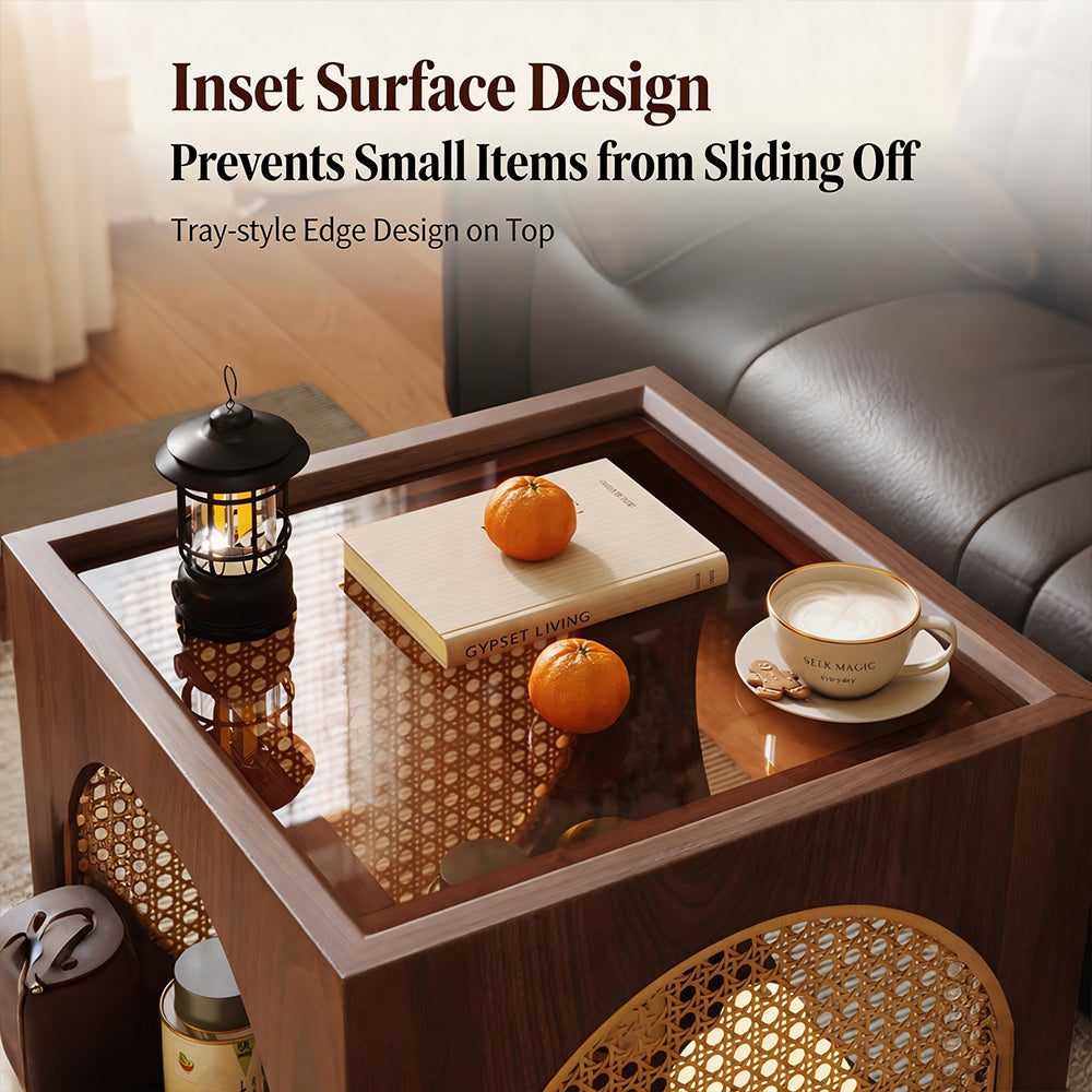 Modern Rattan Nightstand Rolling Side Table Solid Wood Mobile Bedside Cabinet with Storage