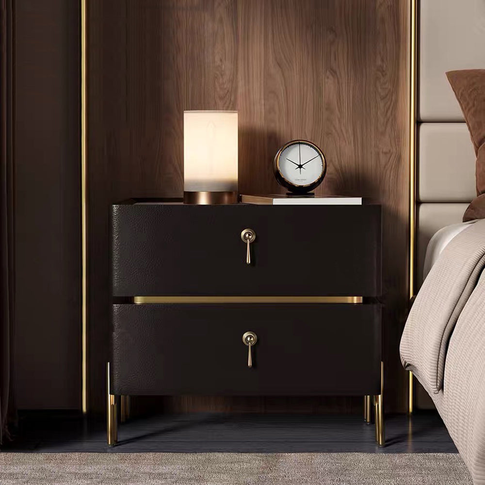 Luxury Bedside Table with Textured Front Panels and Brass Accents