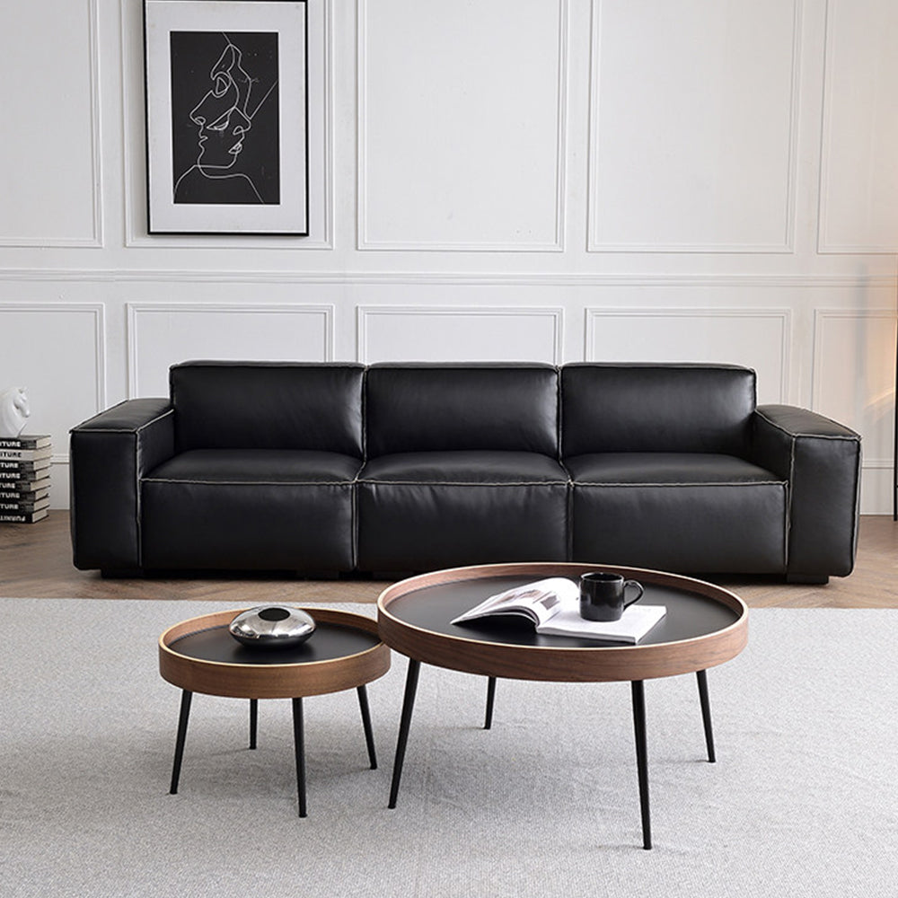 Modern Leather Sofa Boxy Low-Profile Design with Wide Arms