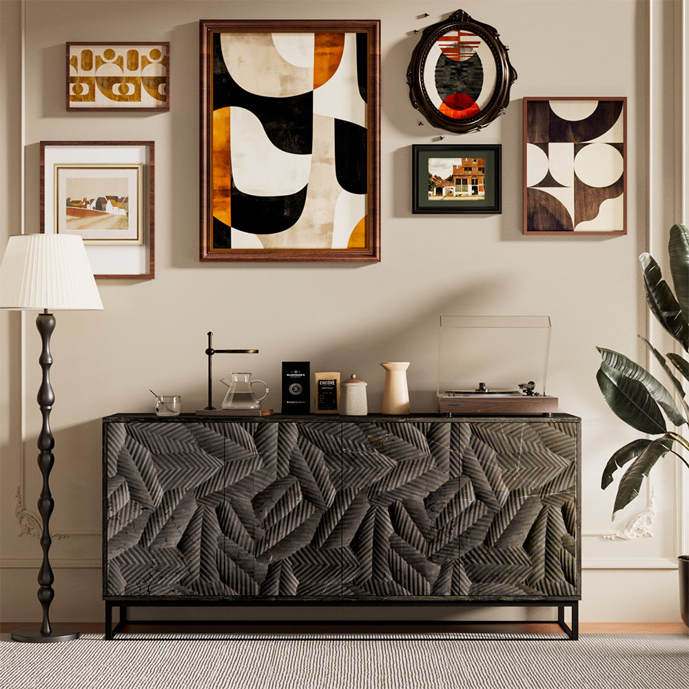 62.4''Vintage Carved Sideboard Mid Century Storage Cabinet Geometric Texture Bold Relief Artistic Statement
