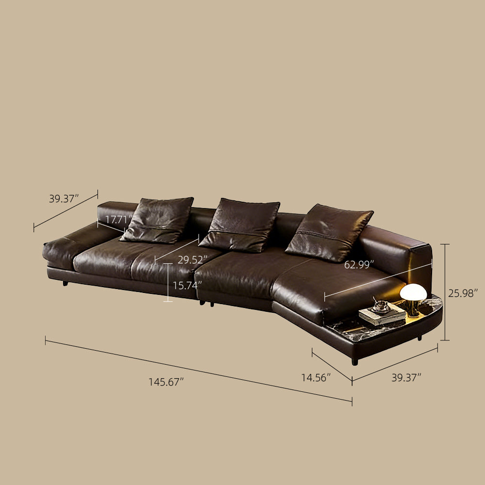 Modern Low-Profile Leather Sofa Deep Brown Upholstery with Wide Armrests & Metal Legs