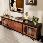 Load image into Gallery viewer, 80.73&#39;&#39;French Style TV Cabinet Two-Tone Finish Curved Glass Doors High-Leg Frame Dual Drawer Storage
