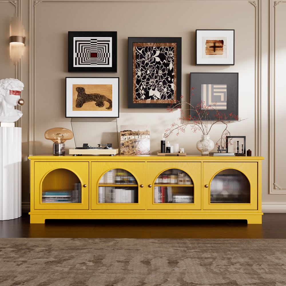 Modern Low-Profile TV Cabinet with Arched Glass Doors Freestanding Storage Console