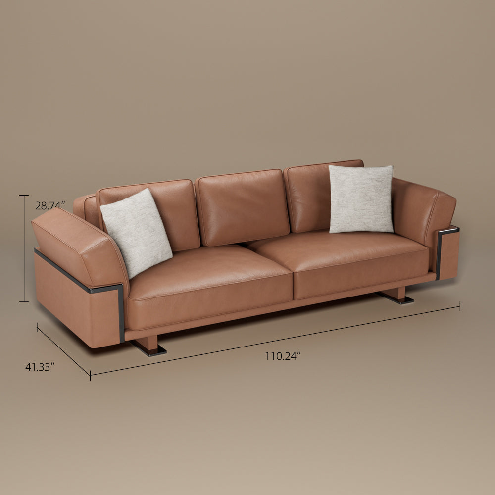 110" Modern 4-Seater Leather Sofa Luxury Comfort with High-Density Foam Solid Wood Frame & Brushed Stainless-Steel Accents