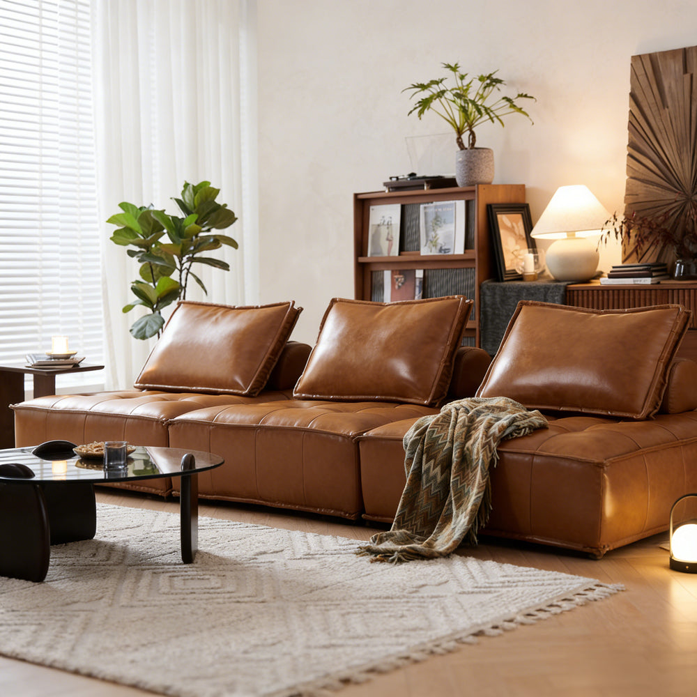 Modern Modular Vintage Leather Sofa Tufted Deep Seat Lounge Sofa Oil Wax Top Grain Leather