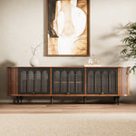 Load image into Gallery viewer, 78&quot; Retro TV Stand Curved Edge Design Arched Glass Doors Long Storage Cabinet Vintage Style Unit
