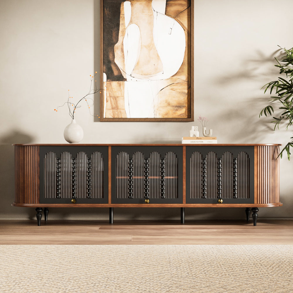 78" Retro TV Stand Curved Edge Design Arched Glass Doors Long Storage Cabinet Vintage Style Unit