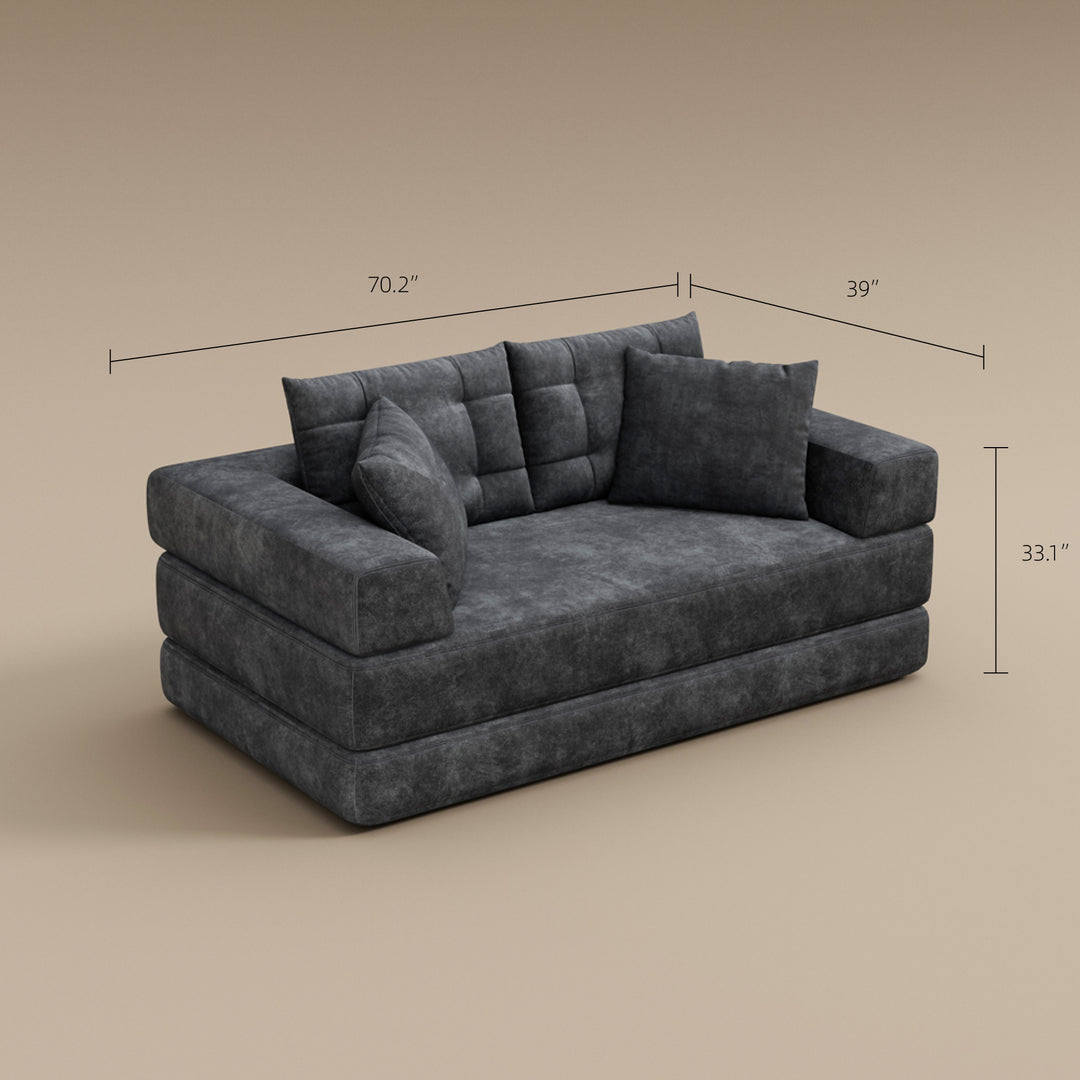 70''-78''Convertible Sofa Bed Tufted Cushion Armrest Foldable Design in Grey Fabric Upholstery