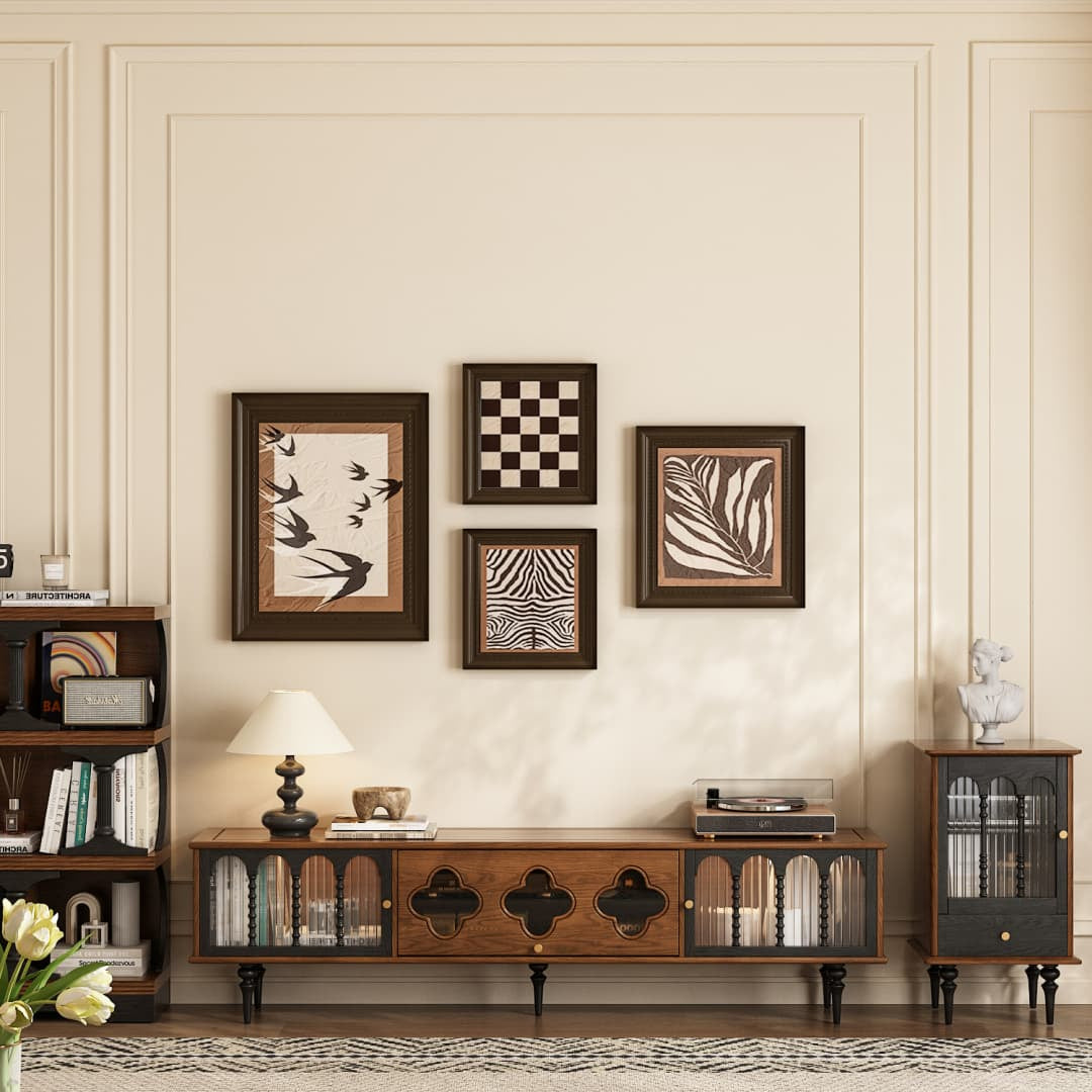 78.74" Mid-Century Walnut TV Stand Arched Glass Doors Vintage Storage Cabinet Retro Wood Finish