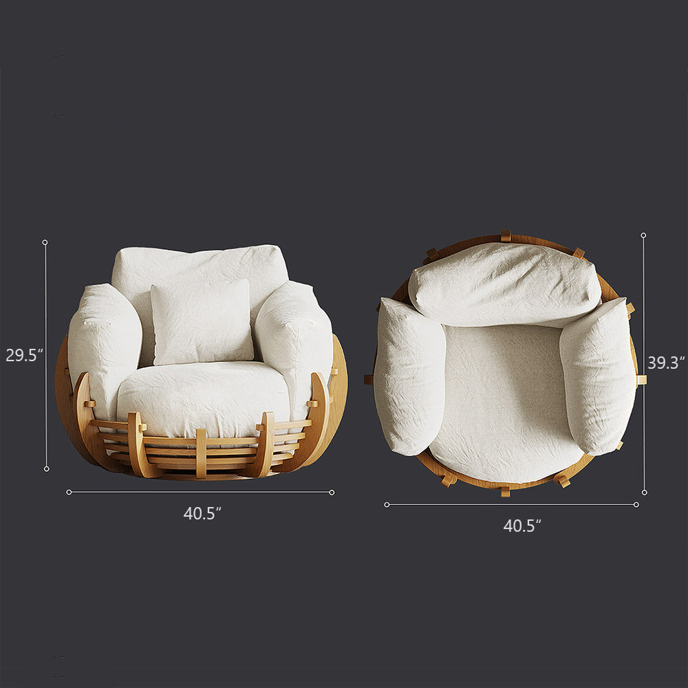 Modern Solid Wood 360° Swivel Lounge Chair with Cushions and Sculptural Frame