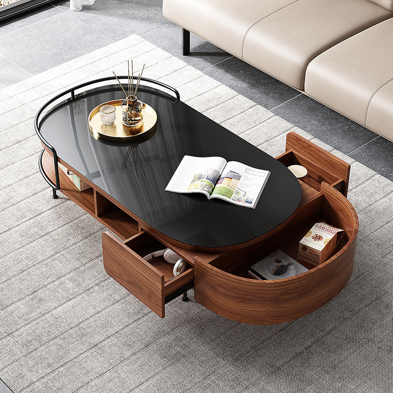 50.7" Modern Storage Coffee Table Tempered Glass Top Walnut Minimalist Design