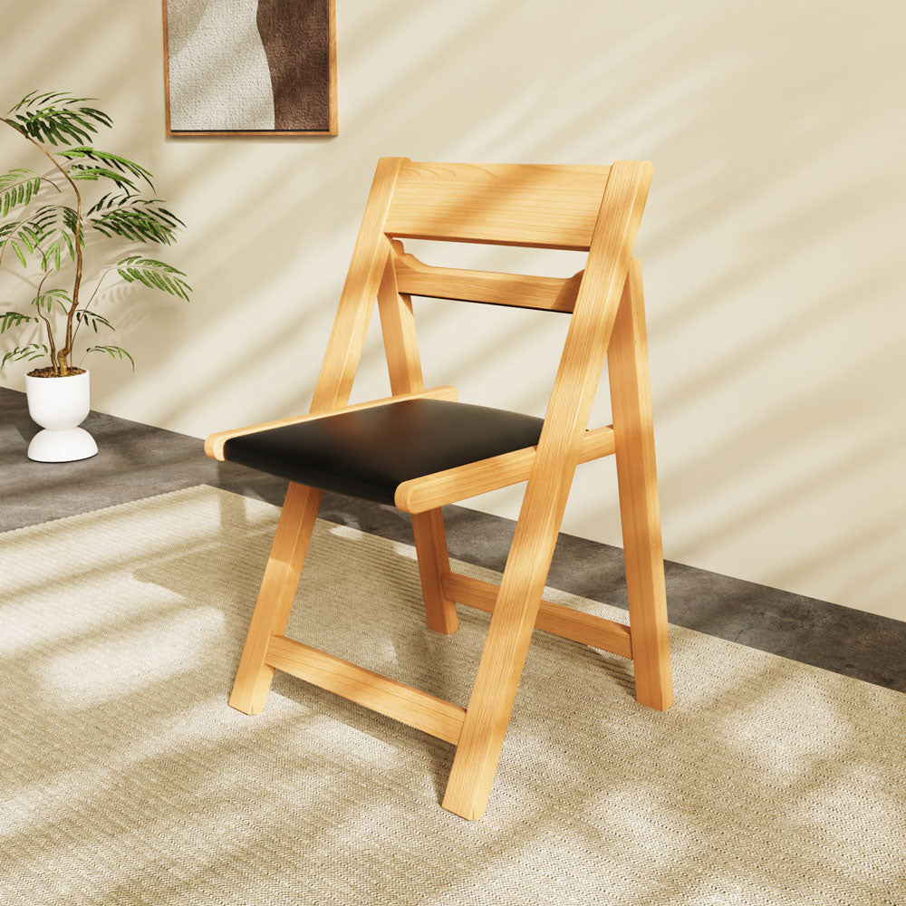 4PCS Folding Chair Solid Wood with Black Leather Seat Space-Saving Durable Elegant Design