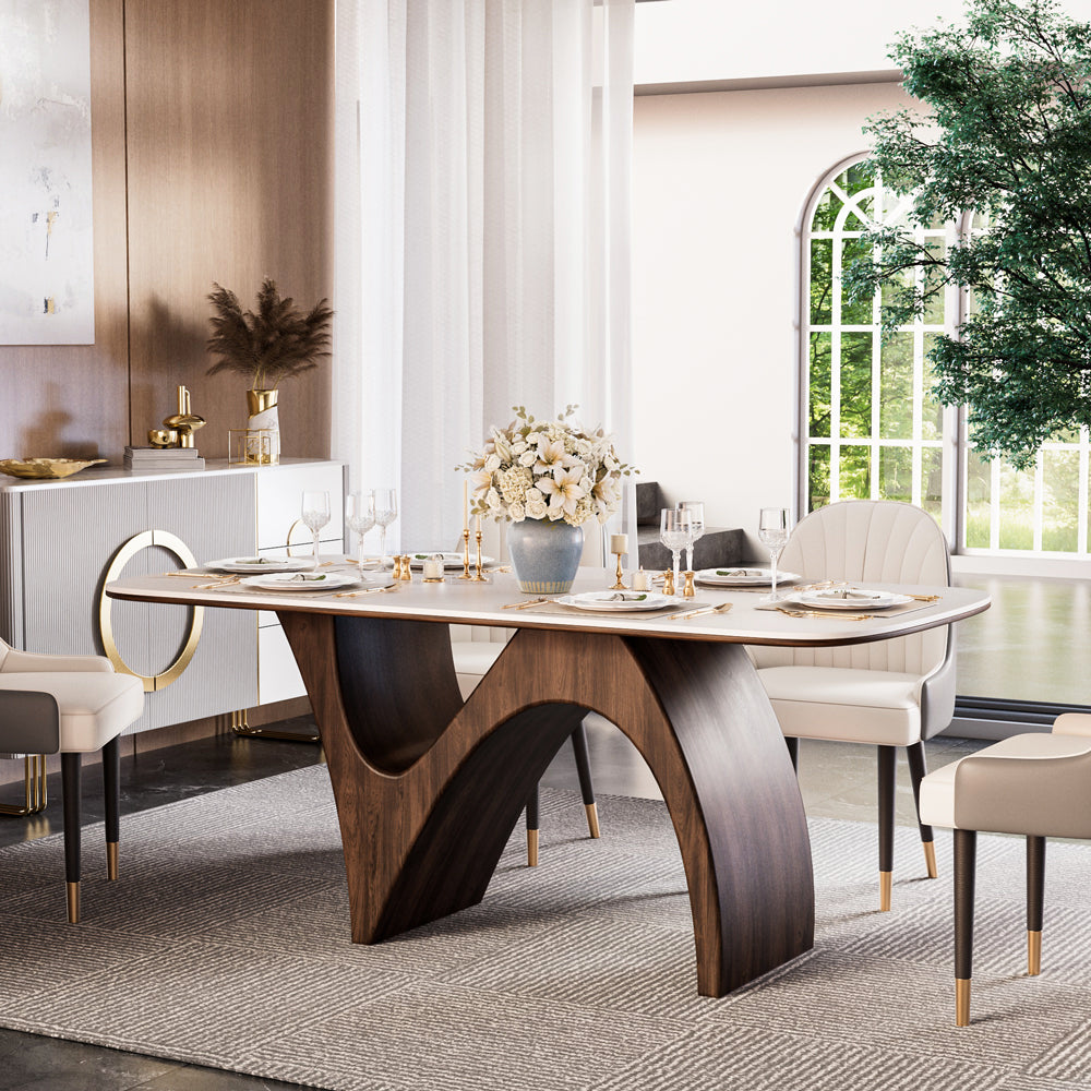 Modern Luxury Dining Set Sculptural Wood & Marble-Effect Table × White-and-Gold Buffet Cabinet